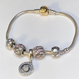 Pandora Solid 14k Barrel Clasp Bracelet Signature Dangle Charm